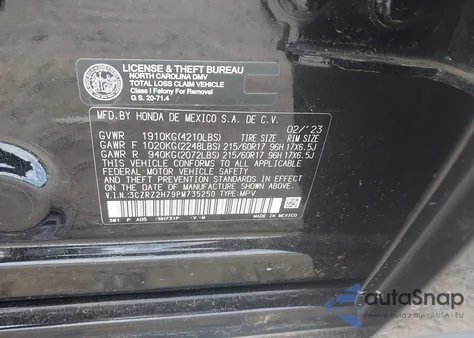 2023 Honda Hr-V Awd Ex-L из США, поврежденный, VIN 3CZRZ2H79PM735250